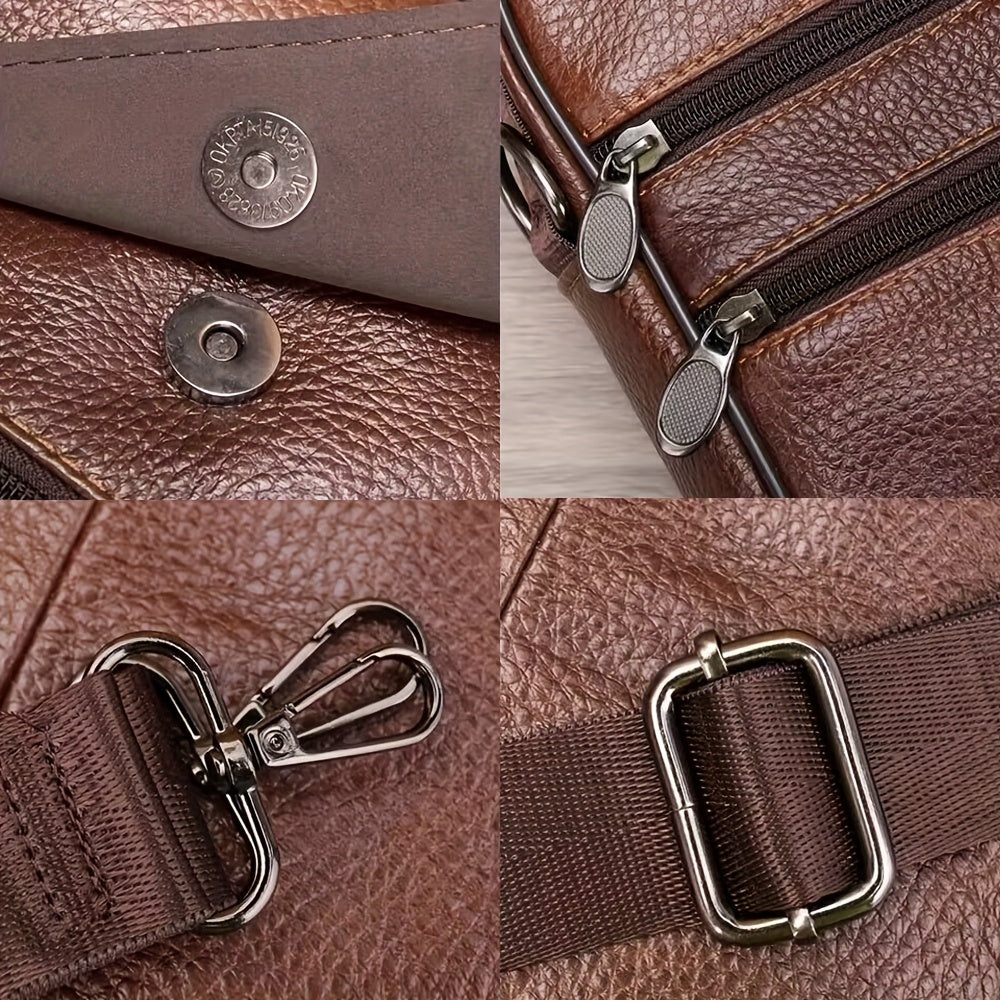Genuine Leather Messenger Bag For Men - Top Layer Cowhide Handheld Shoulder Tote With Multiple Zippers For Business And Travel
