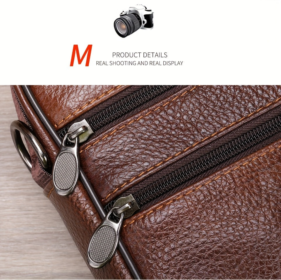 Genuine Leather Messenger Bag For Men - Top Layer Cowhide Handheld Shoulder Tote With Multiple Zippers For Business And Travel