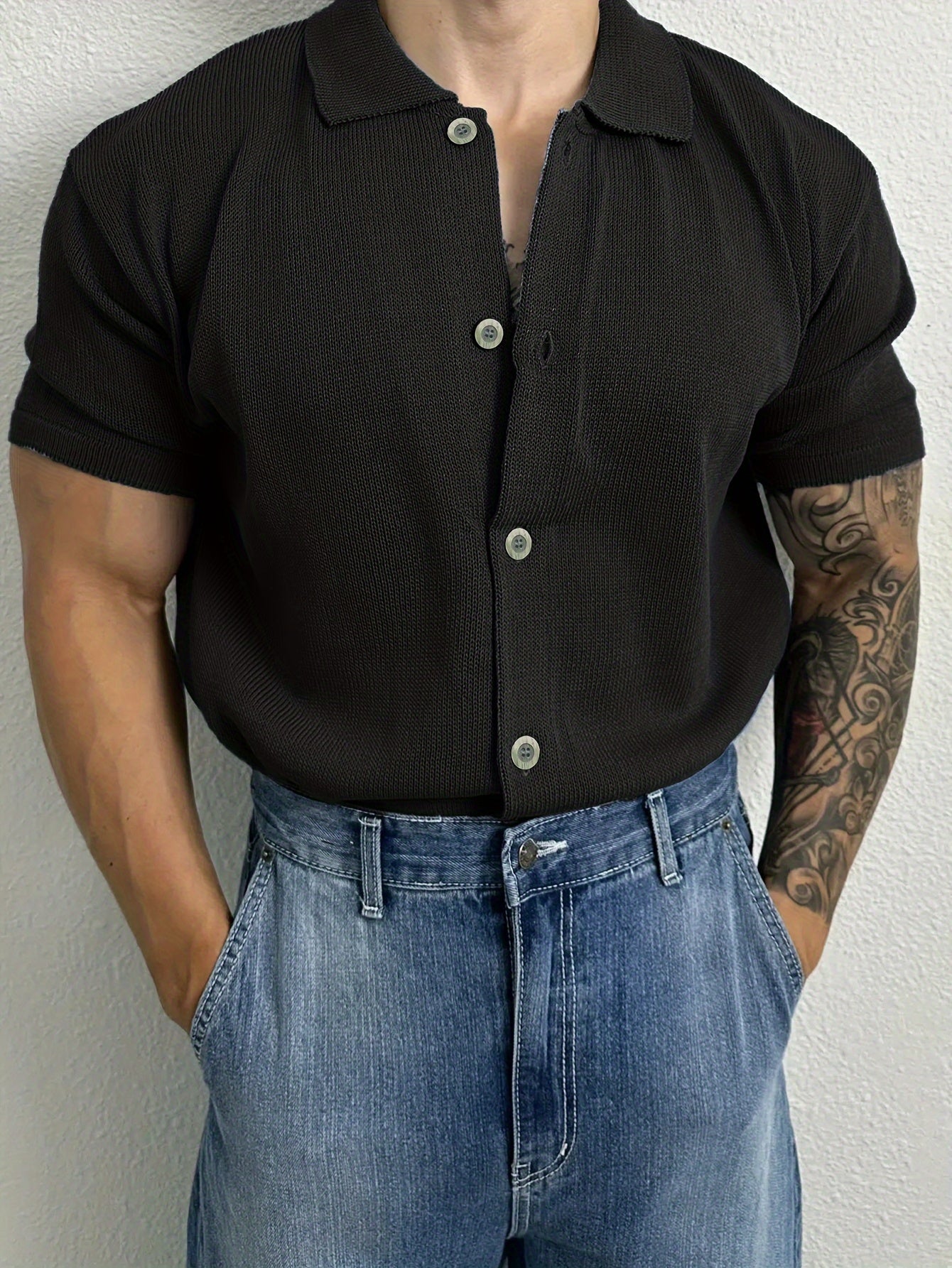 Cardigan en tricot à manches courtes et col à revers boutonné pour homme, design classique, hauts décontractés et tendance pour les loisirs quotidiens et en plein air, printemps et automne