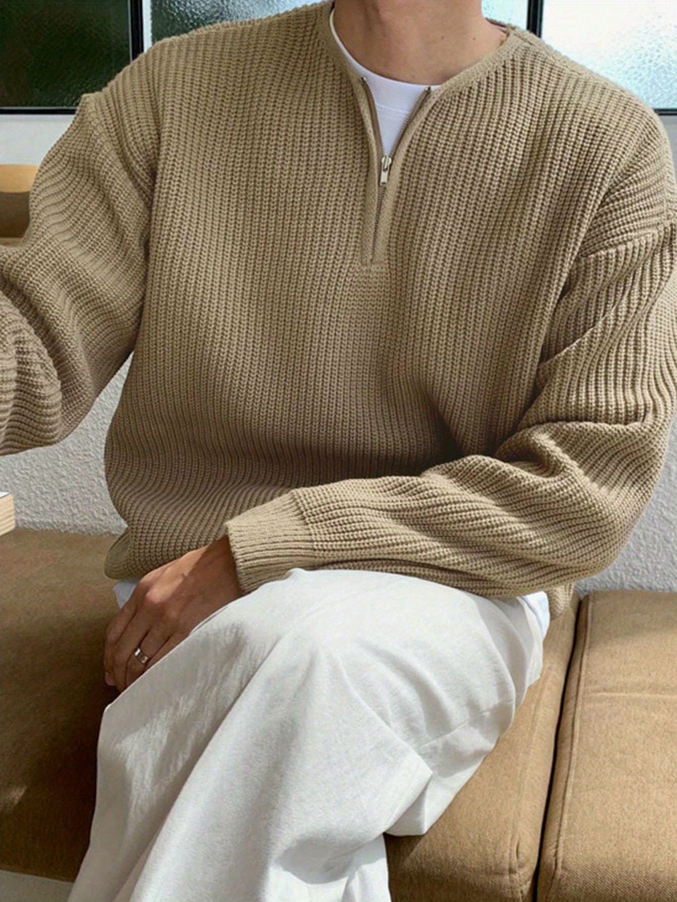 Suéter de punto de rayas sólidas y suelto para hombre, top informal de manga larga con media cremallera para otoño e invierno