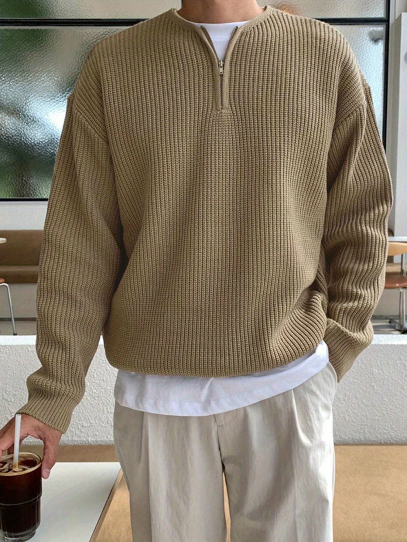 Suéter de punto de rayas sólidas y suelto para hombre, top informal de manga larga con media cremallera para otoño e invierno