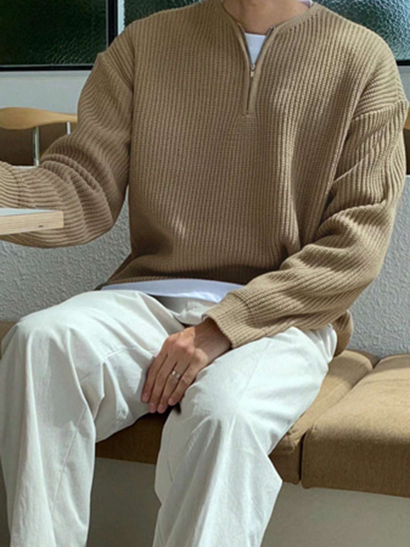 Suéter de punto de rayas sólidas y suelto para hombre, top informal de manga larga con media cremallera para otoño e invierno