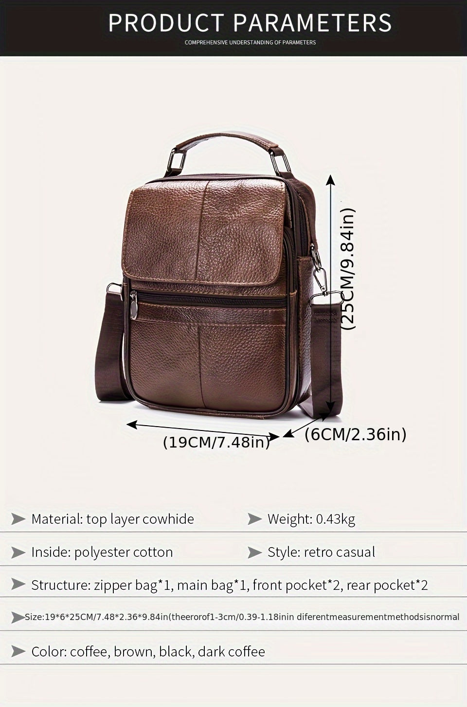 Genuine Leather Messenger Bag For Men - Top Layer Cowhide Handheld Shoulder Tote With Multiple Zippers For Business And Travel