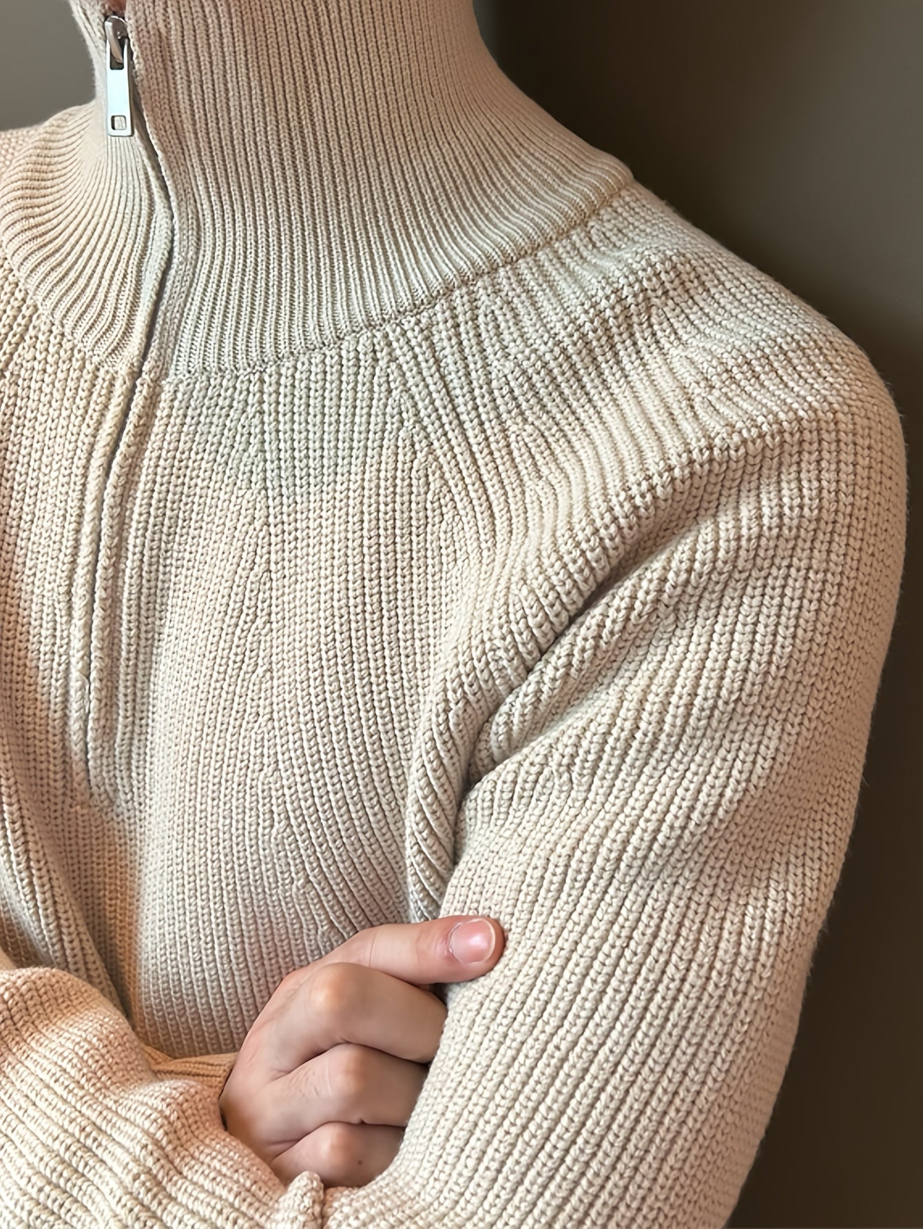 Suéter de punto sólido para hombre, top informal de manga larga con solapa y media cremallera para invierno y otoño