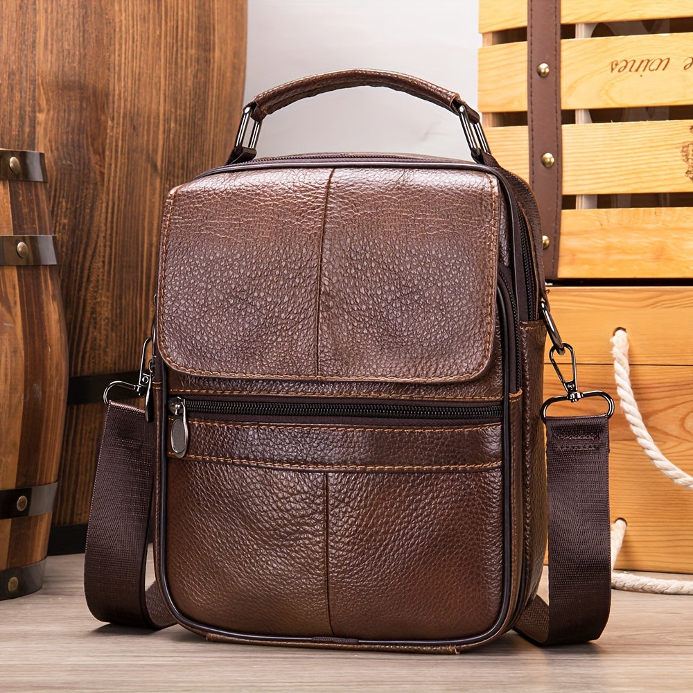 Genuine Leather Messenger Bag For Men - Top Layer Cowhide Handheld Shoulder Tote With Multiple Zippers For Business And Travel