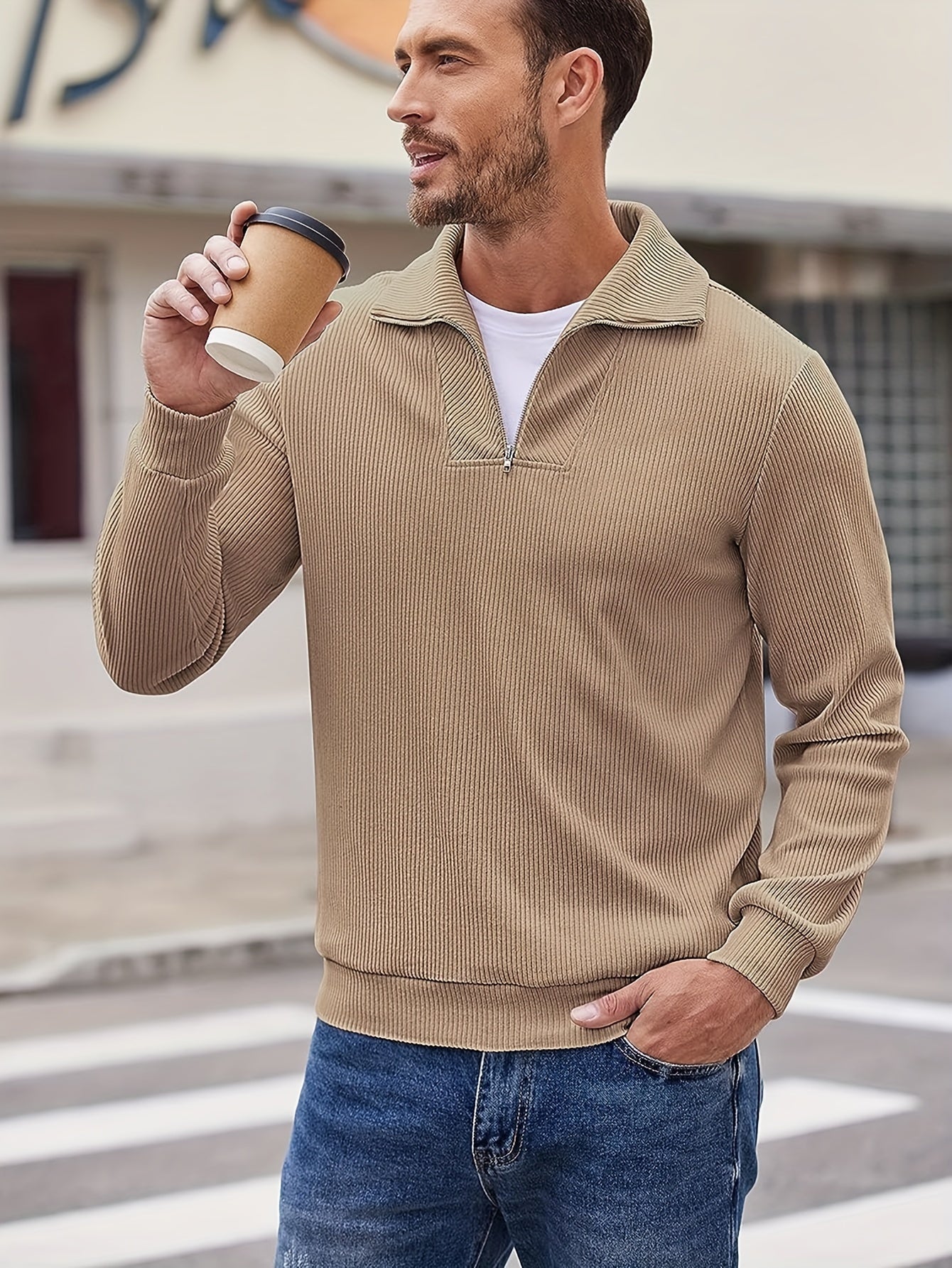 T-shirt à manches longues et revers zippé pour homme, couleur unie, pour toutes les saisons, décontracté, tendance, slim, en coton mélangé, en cadeau