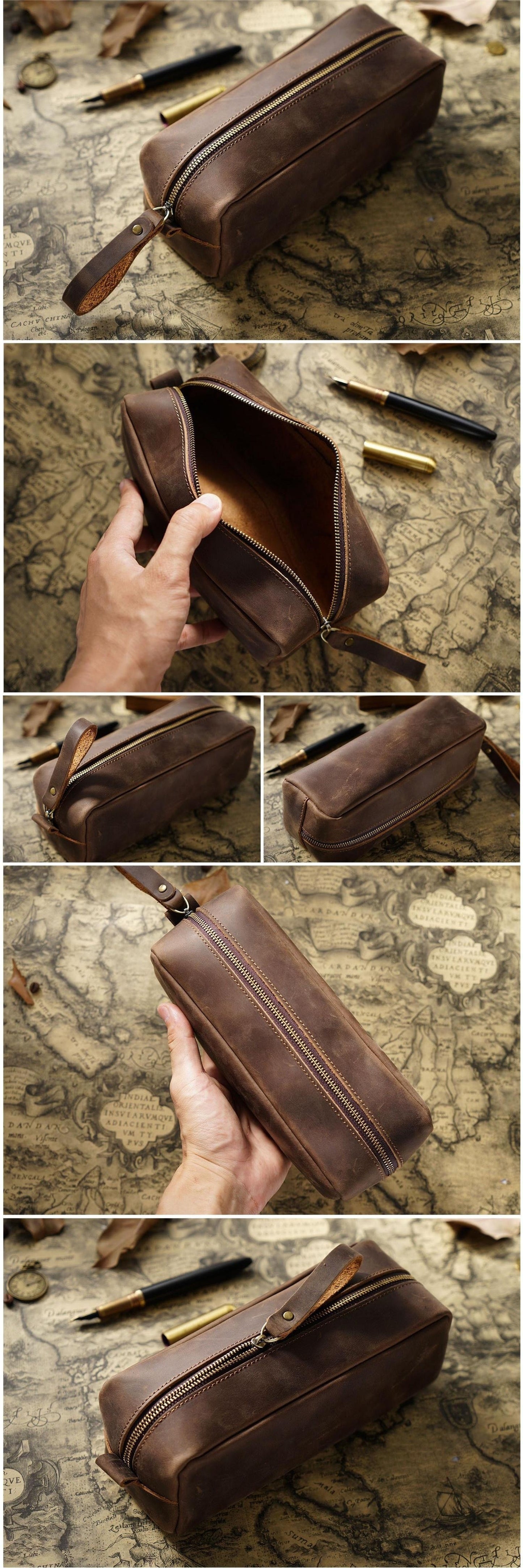 Vintage Style Zipper Handbag, Genuine Crazy Leather Men's Grab Bag, Top Layer Cowhide Large Capacity Pencil Case, Ideal Gifts For Father Mother Birthday