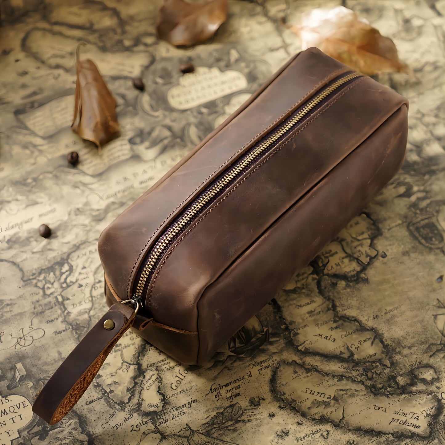 Vintage Style Zipper Handbag, Genuine Crazy Leather Men's Grab Bag, Top Layer Cowhide Large Capacity Pencil Case, Ideal Gifts For Father Mother Birthday