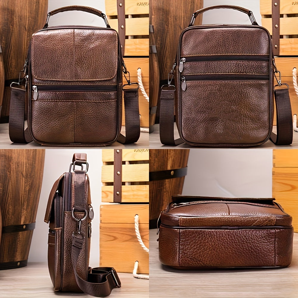 Genuine Leather Messenger Bag For Men - Top Layer Cowhide Handheld Shoulder Tote With Multiple Zippers For Business And Travel