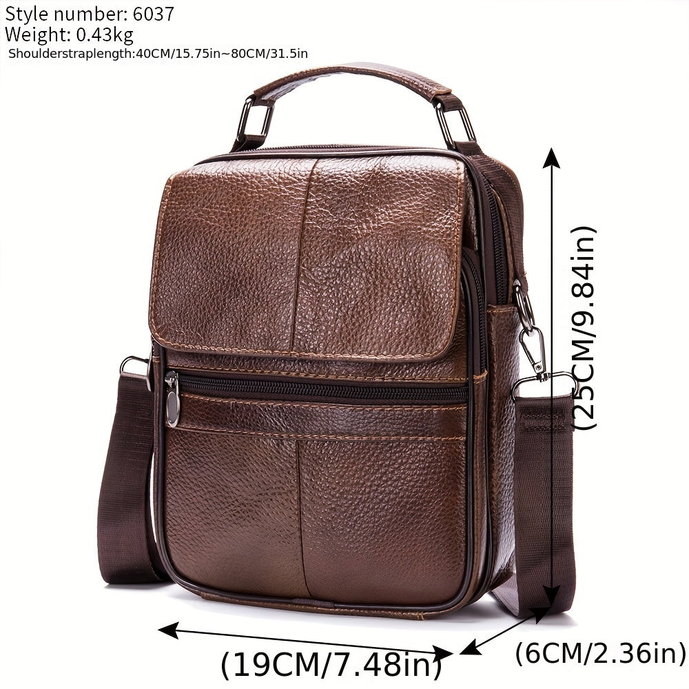 Genuine Leather Messenger Bag For Men - Top Layer Cowhide Handheld Shoulder Tote With Multiple Zippers For Business And Travel