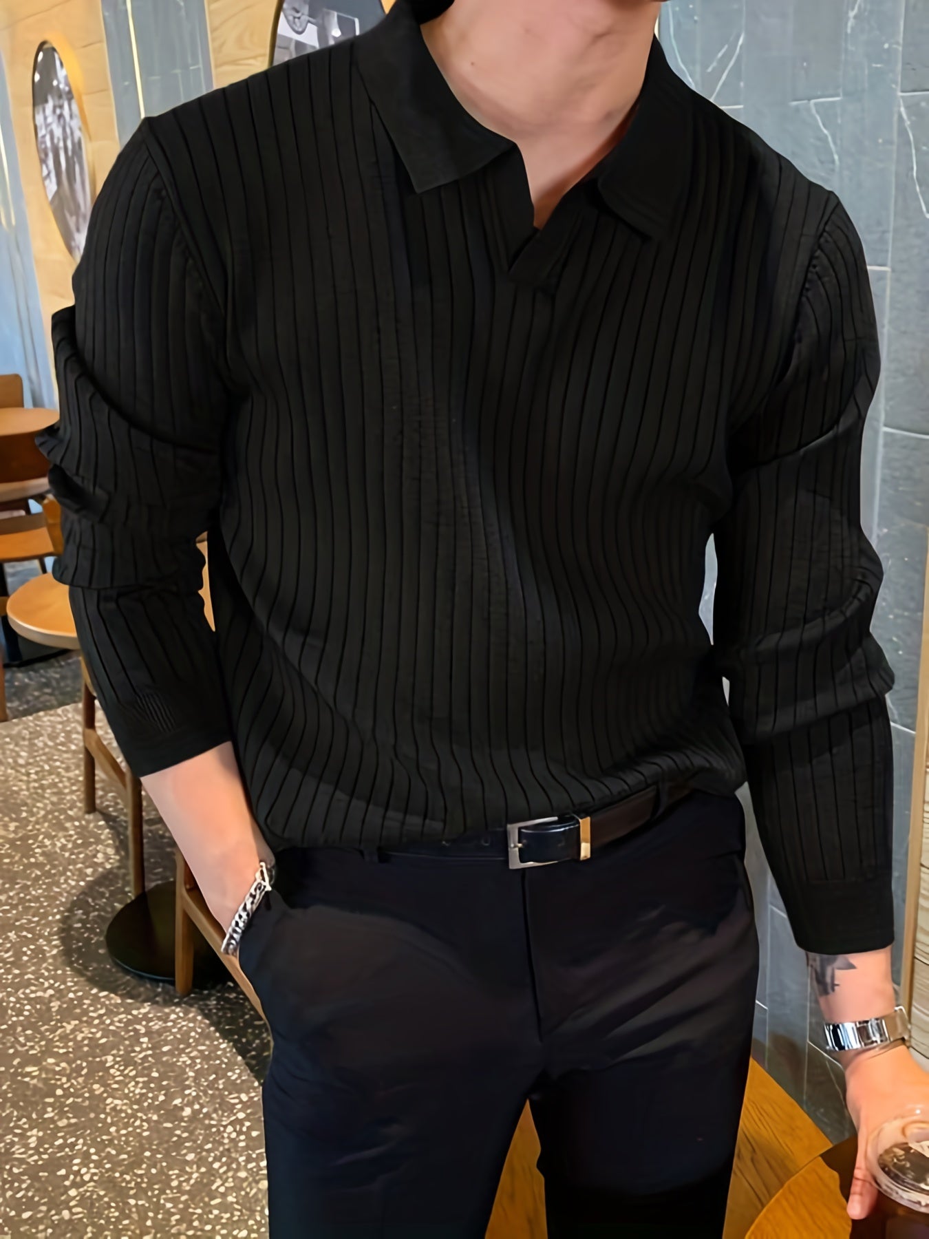 Chemise en tricot chic, pull-over décontracté à col en V extensible à revers pour hommes pour l'hiver et l'automne