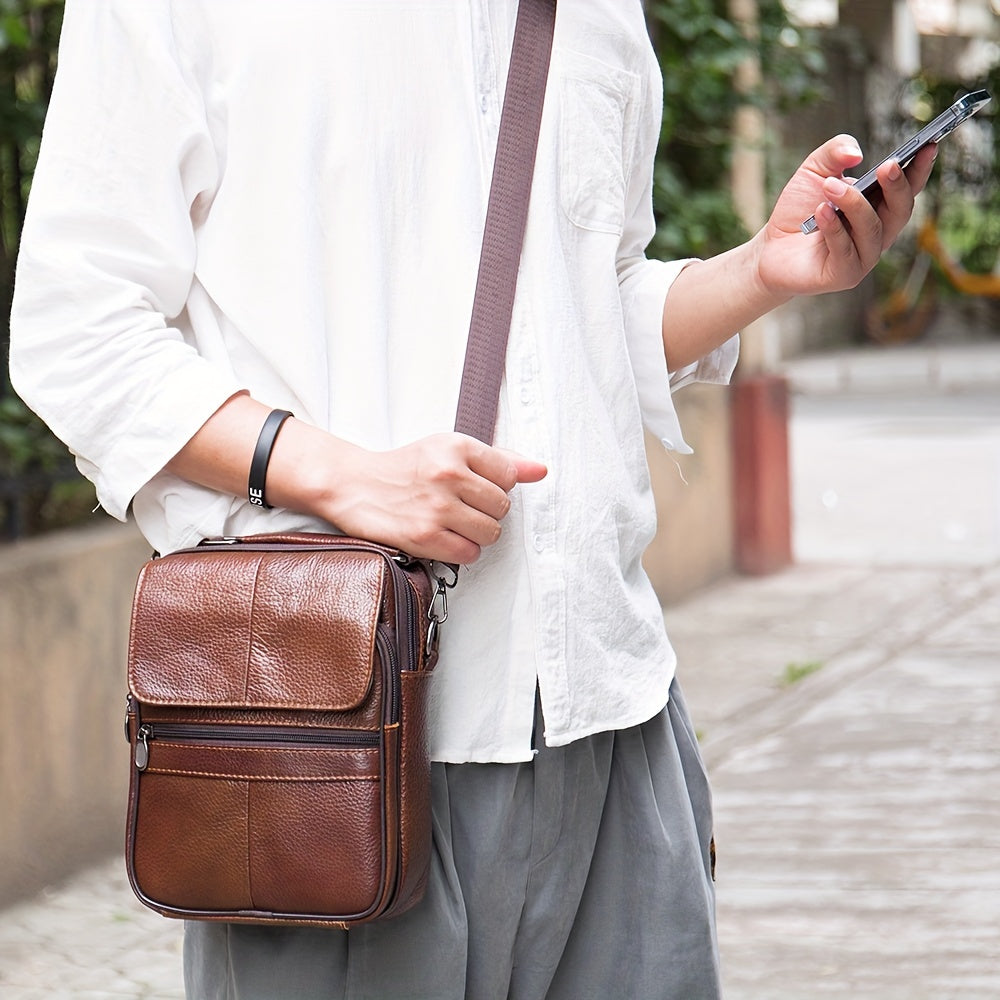 Genuine Leather Messenger Bag For Men - Top Layer Cowhide Handheld Shoulder Tote With Multiple Zippers For Business And Travel