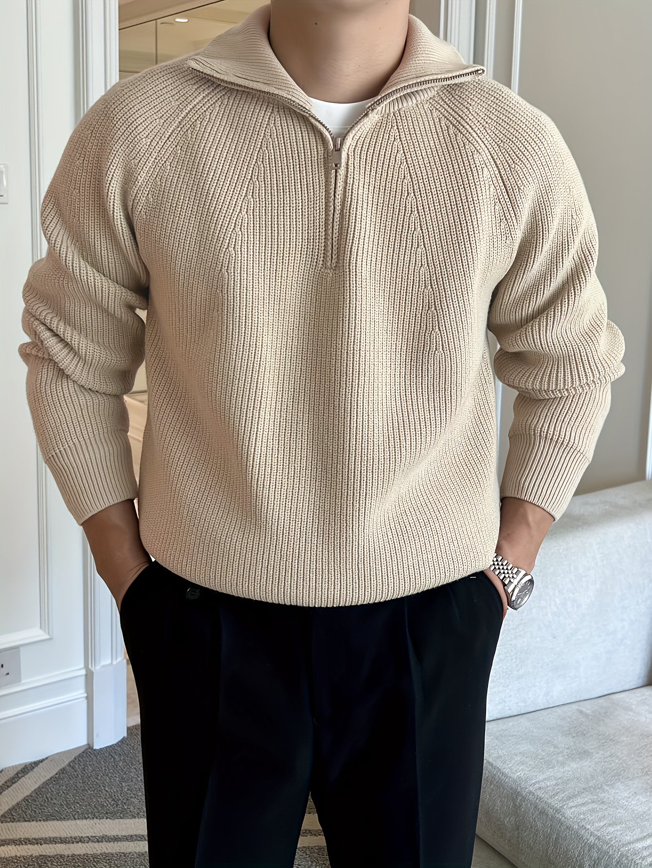 Suéter de punto sólido para hombre, top informal de manga larga con solapa y media cremallera para invierno y otoño