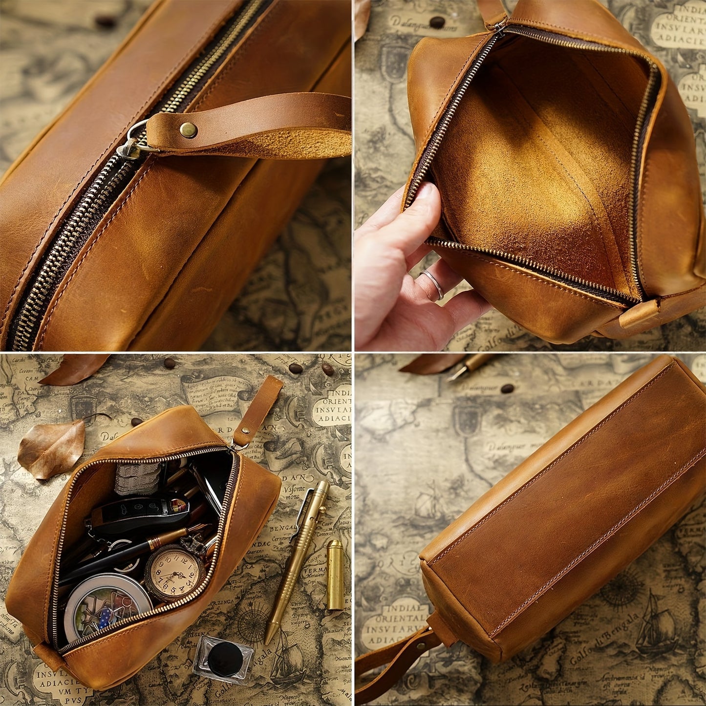 Vintage Style Zipper Handbag, Genuine Crazy Leather Men's Grab Bag, Top Layer Cowhide Large Capacity Pencil Case, Ideal Gifts For Father Mother Birthday