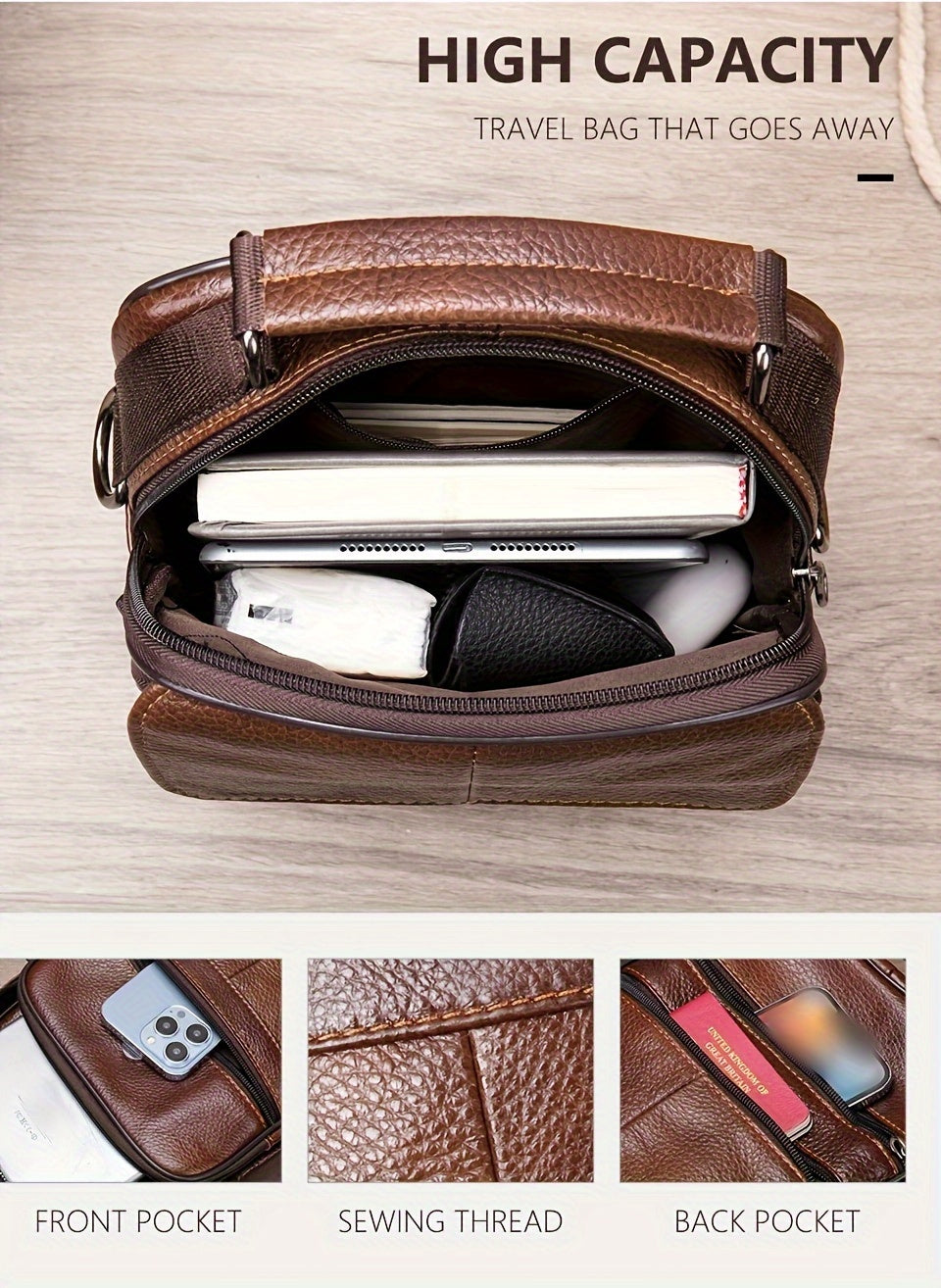 Genuine Leather Messenger Bag For Men - Top Layer Cowhide Handheld Shoulder Tote With Multiple Zippers For Business And Travel