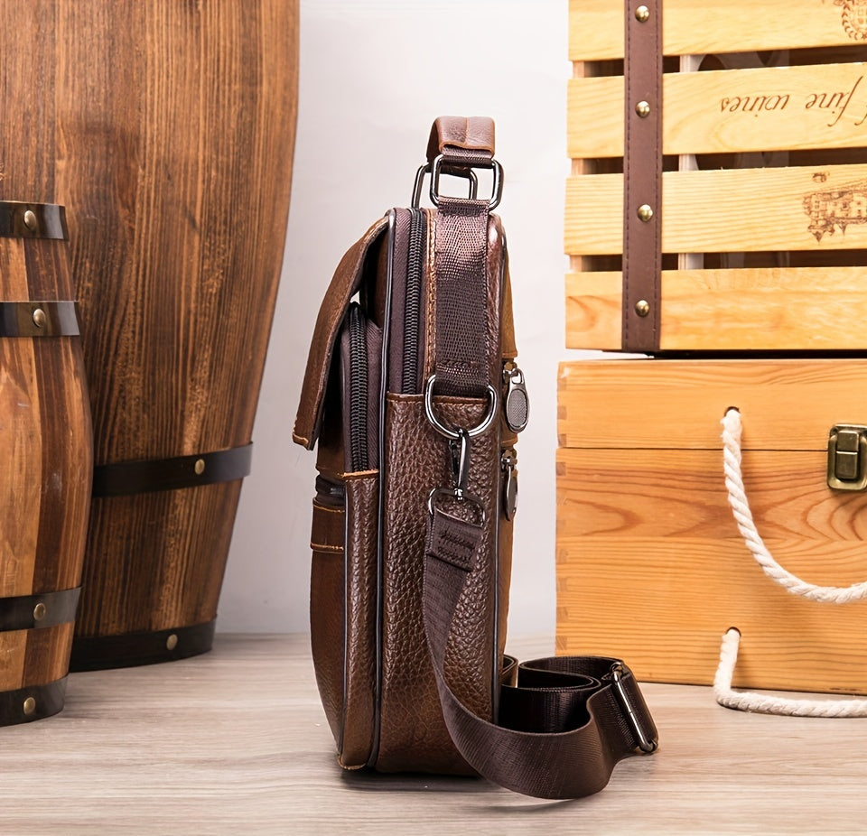 Genuine Leather Messenger Bag For Men - Top Layer Cowhide Handheld Shoulder Tote With Multiple Zippers For Business And Travel