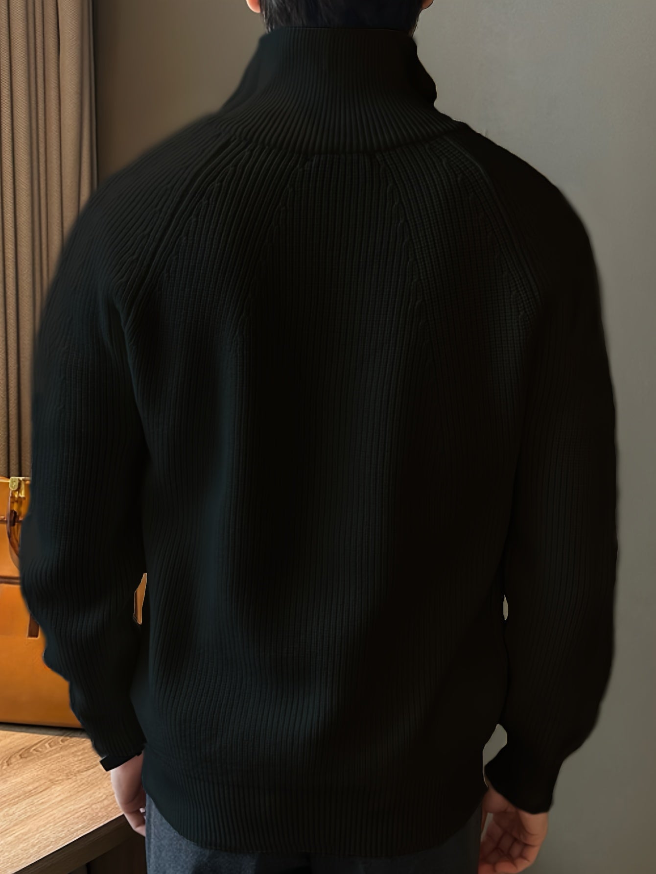 Suéter de punto sólido para hombre, top informal de manga larga con solapa y media cremallera para invierno y otoño