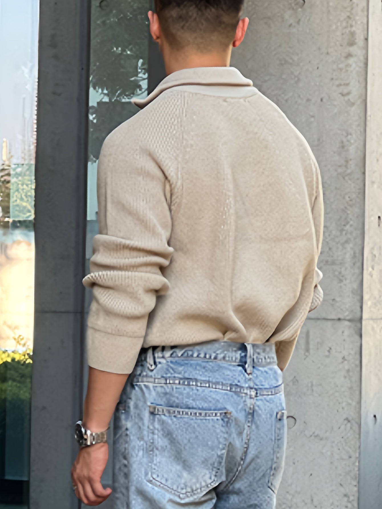 Suéter de punto sólido para hombre, top informal de manga larga con solapa y media cremallera para invierno y otoño
