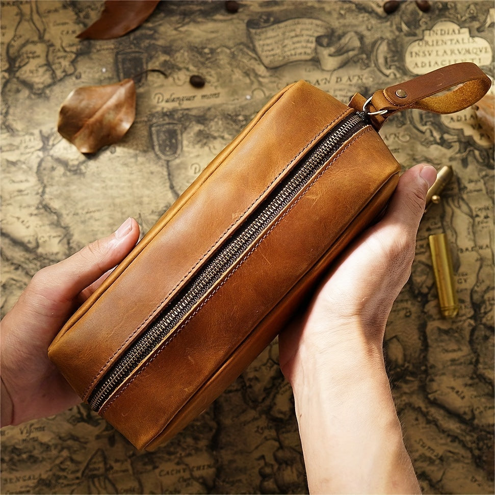 Vintage Style Zipper Handbag, Genuine Crazy Leather Men's Grab Bag, Top Layer Cowhide Large Capacity Pencil Case, Ideal Gifts For Father Mother Birthday