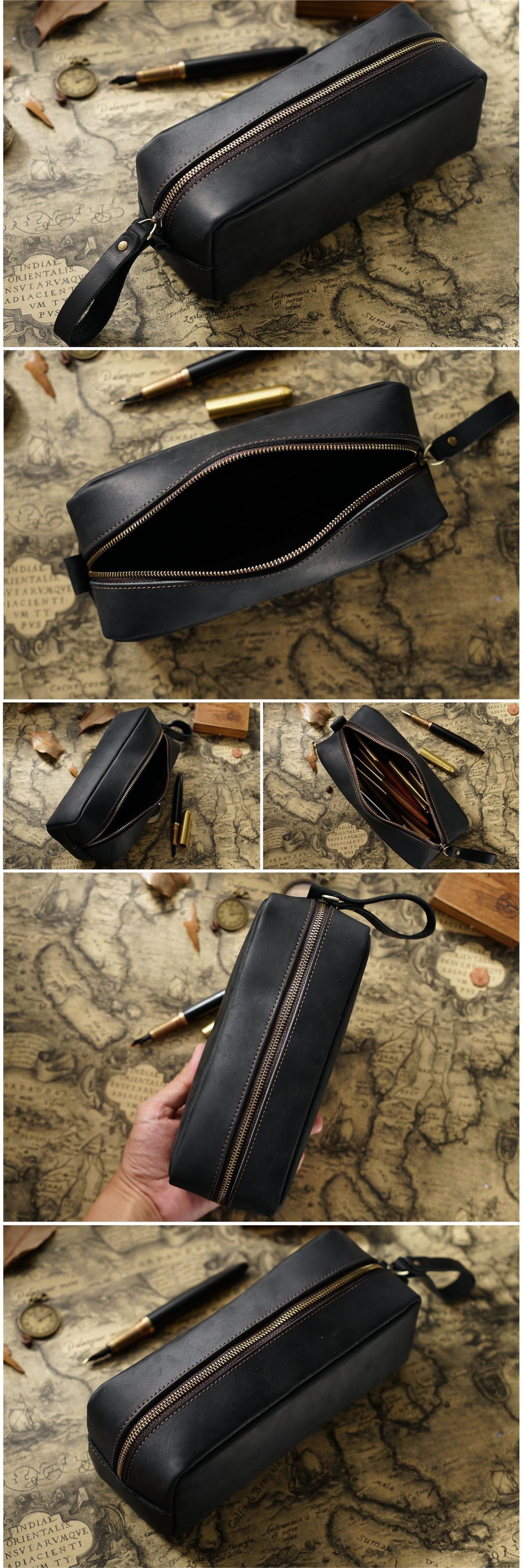 Vintage Style Zipper Handbag, Genuine Crazy Leather Men's Grab Bag, Top Layer Cowhide Large Capacity Pencil Case, Ideal Gifts For Father Mother Birthday