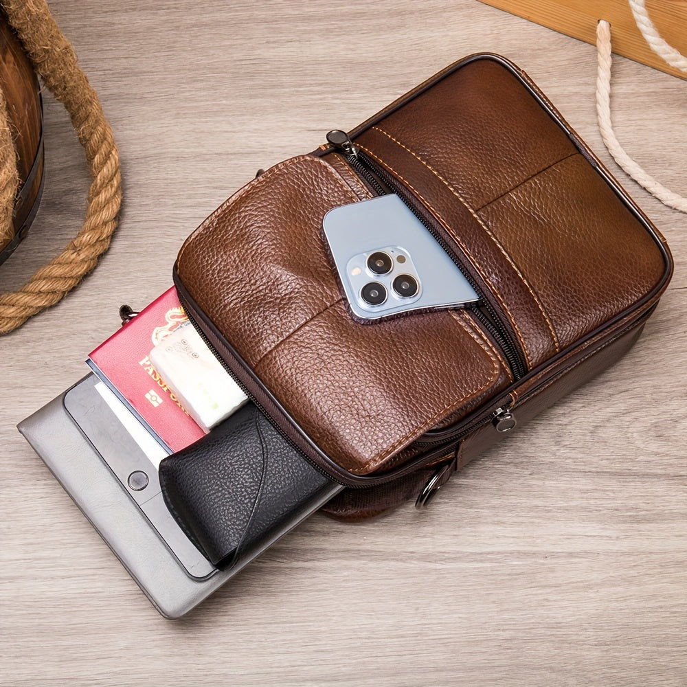 Genuine Leather Messenger Bag For Men - Top Layer Cowhide Handheld Shoulder Tote With Multiple Zippers For Business And Travel