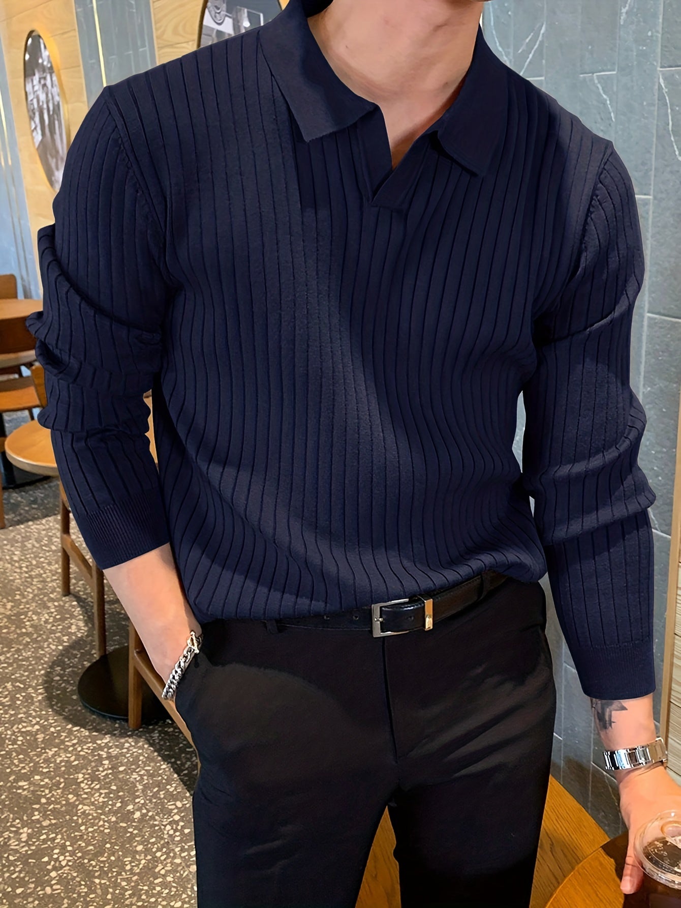 Chemise en tricot chic, pull-over décontracté à col en V extensible à revers pour hommes pour l'hiver et l'automne