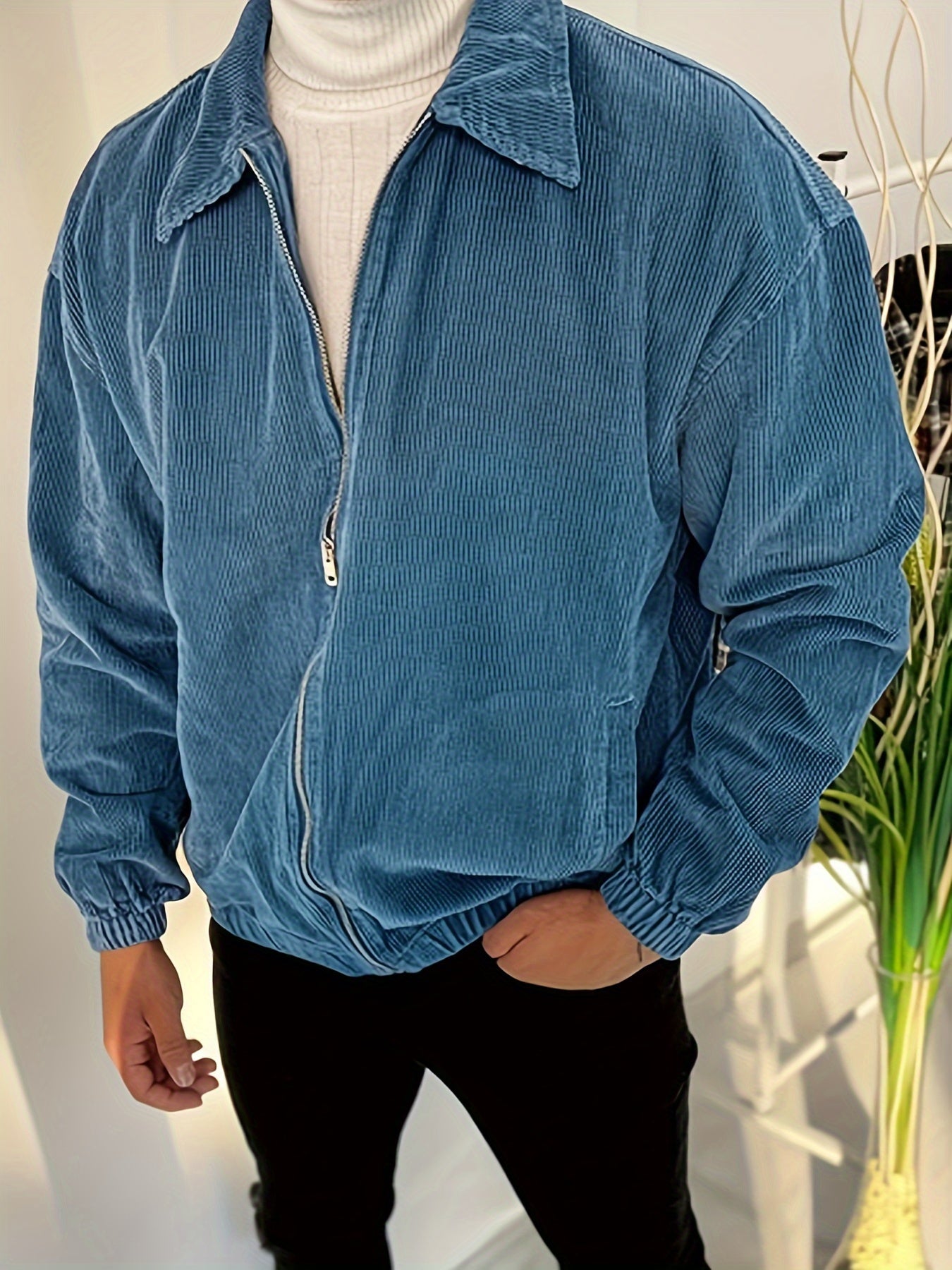 Veste universitaire en velours côtelé pour homme - Décontractée, polyvalente et élégante pour l'automne/hiver | Vêtements d'extérieur à fermeture éclair et à col avec poches