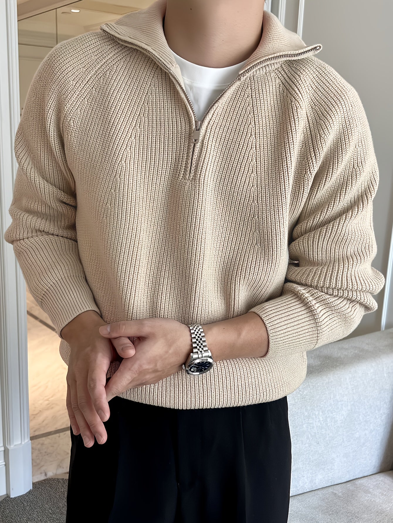 Suéter de punto sólido para hombre, top informal de manga larga con solapa y media cremallera para invierno y otoño