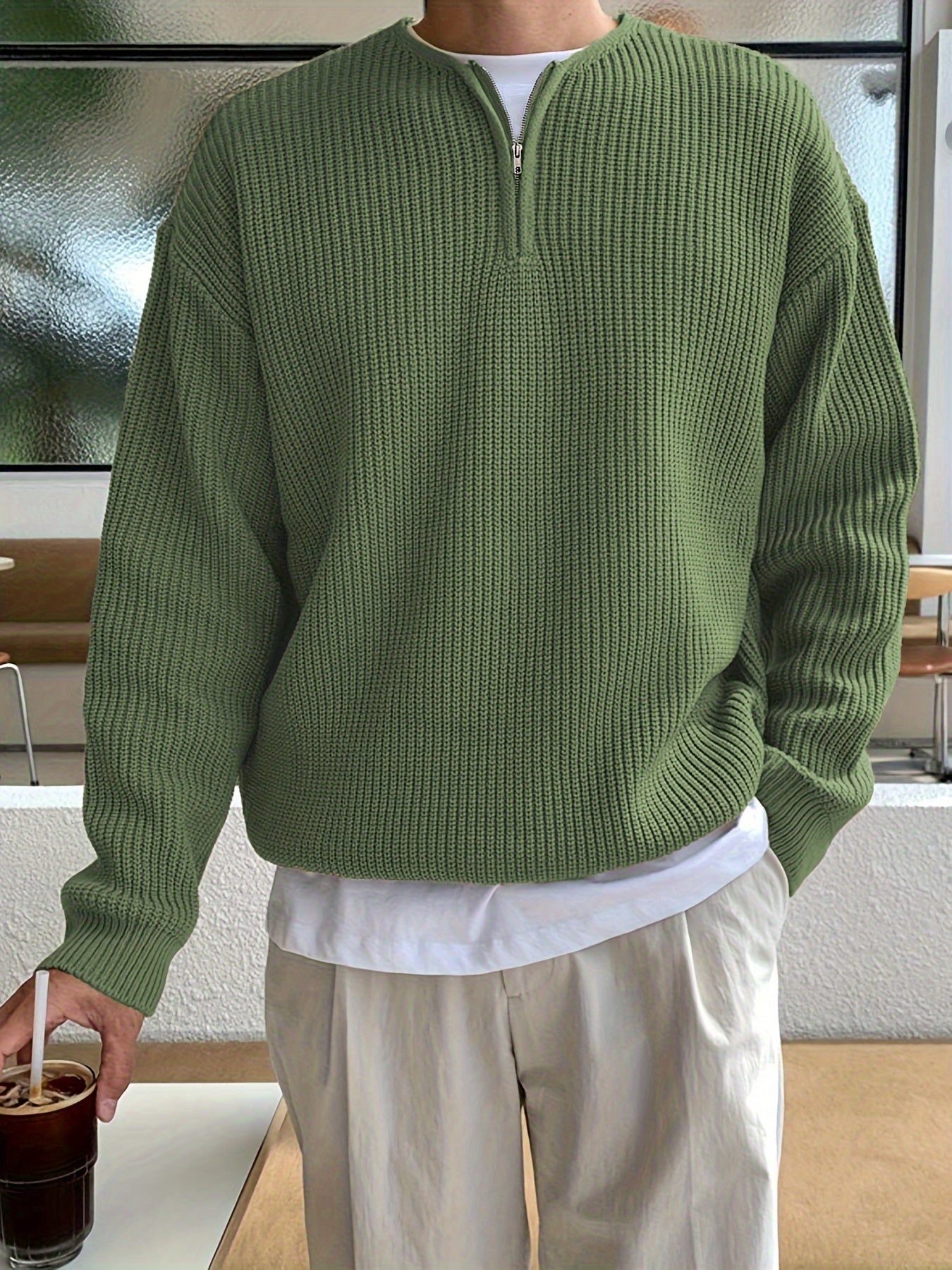 Suéter de punto de rayas sólidas y suelto para hombre, top informal de manga larga con media cremallera para otoño e invierno