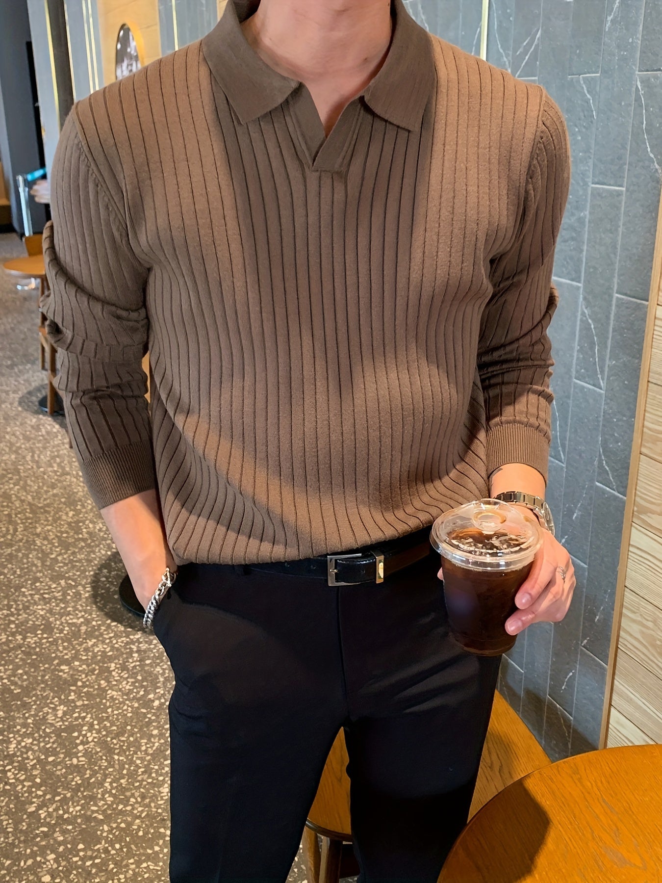 Chemise en tricot chic, pull-over décontracté à col en V extensible à revers pour hommes pour l'hiver et l'automne