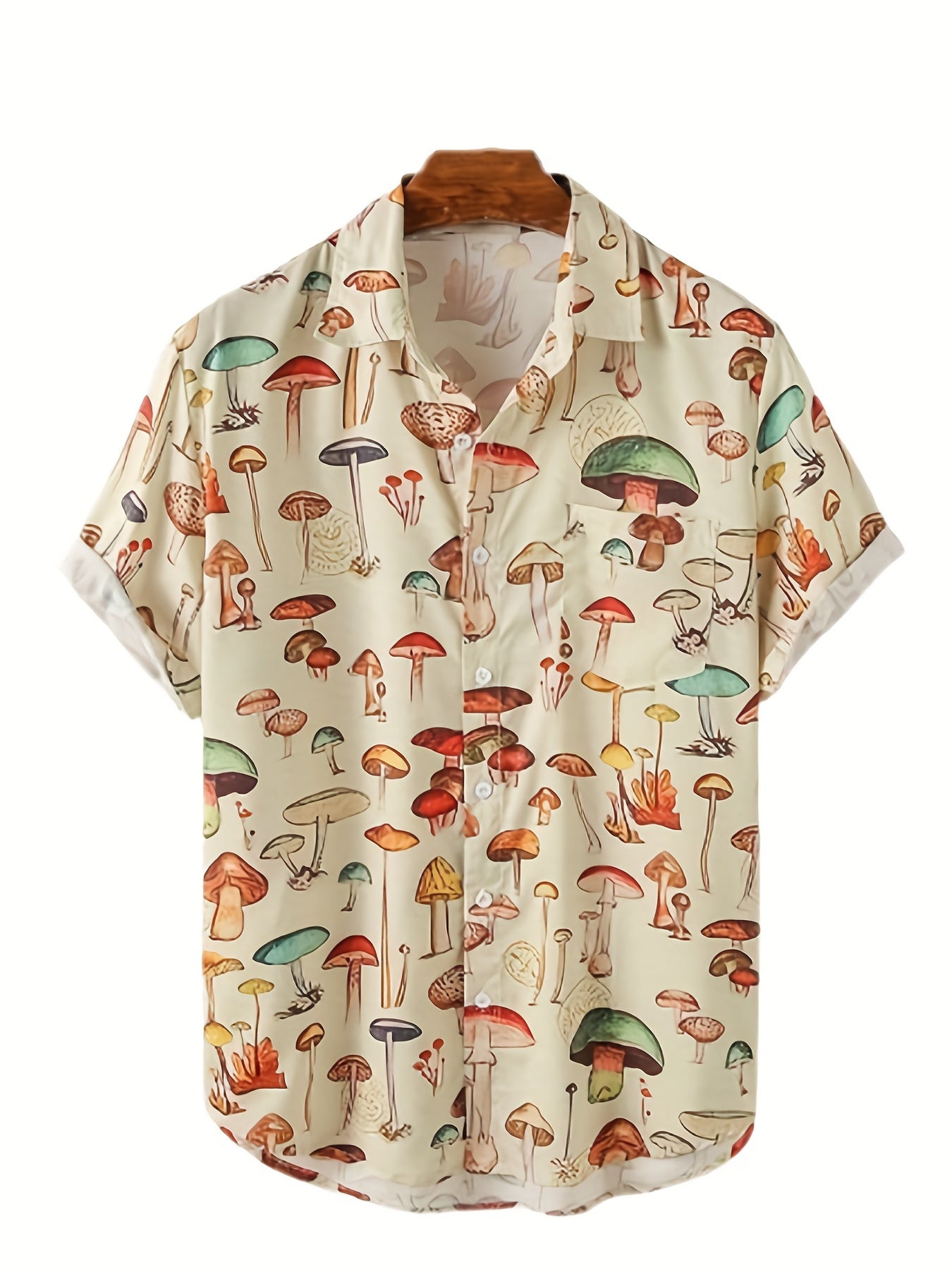 Camisa de playa de manga corta con estampado de setas y solapa de verano para hombre, a la moda y a la moda, para sufrir en verano