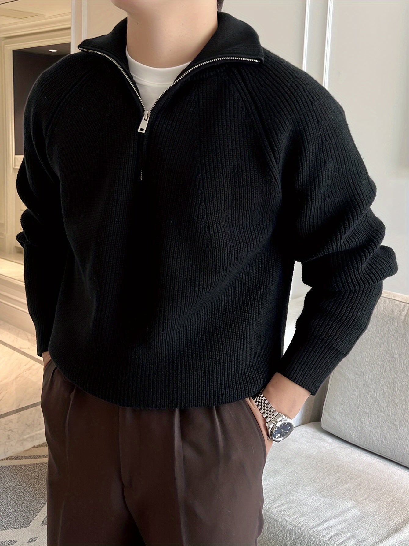 Suéter de punto sólido para hombre, top informal de manga larga con solapa y media cremallera para invierno y otoño