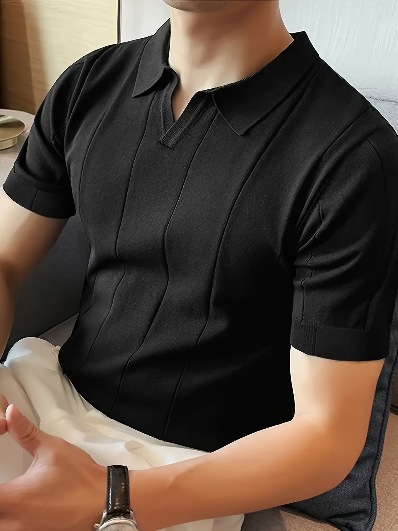 Men's Casual Knitted Short Sleeve Lapel Shirt Sweater, Chic Pullover Tops