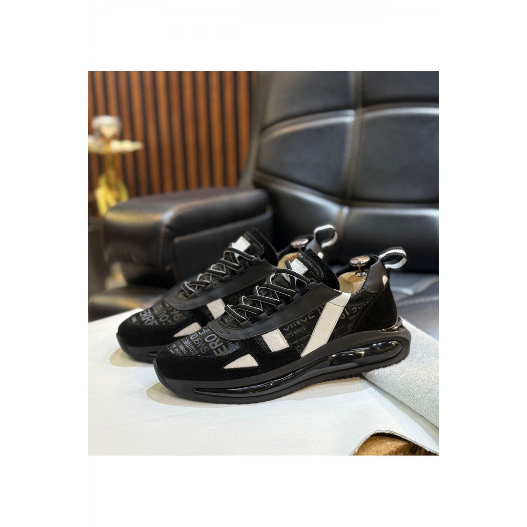 BLACK PRINTED GENUINE LEATHER MEN'S SNEAKERS