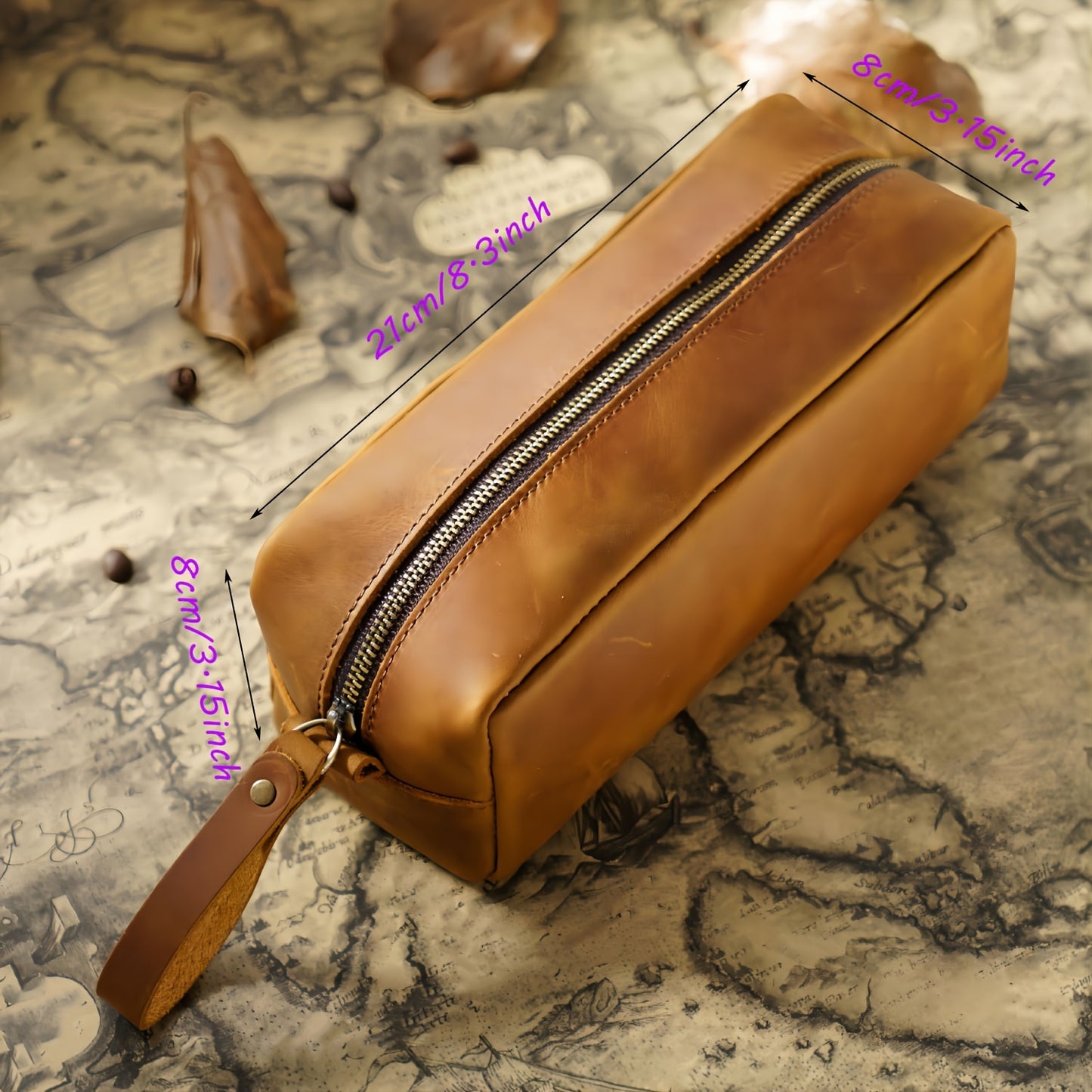 Sac à main à fermeture éclair de style vintage, sac à main en cuir véritable pour homme, trousse à crayons de grande capacité avec couche supérieure en cuir de vache, cadeaux idéaux pour l'anniversaire des pères et des mères