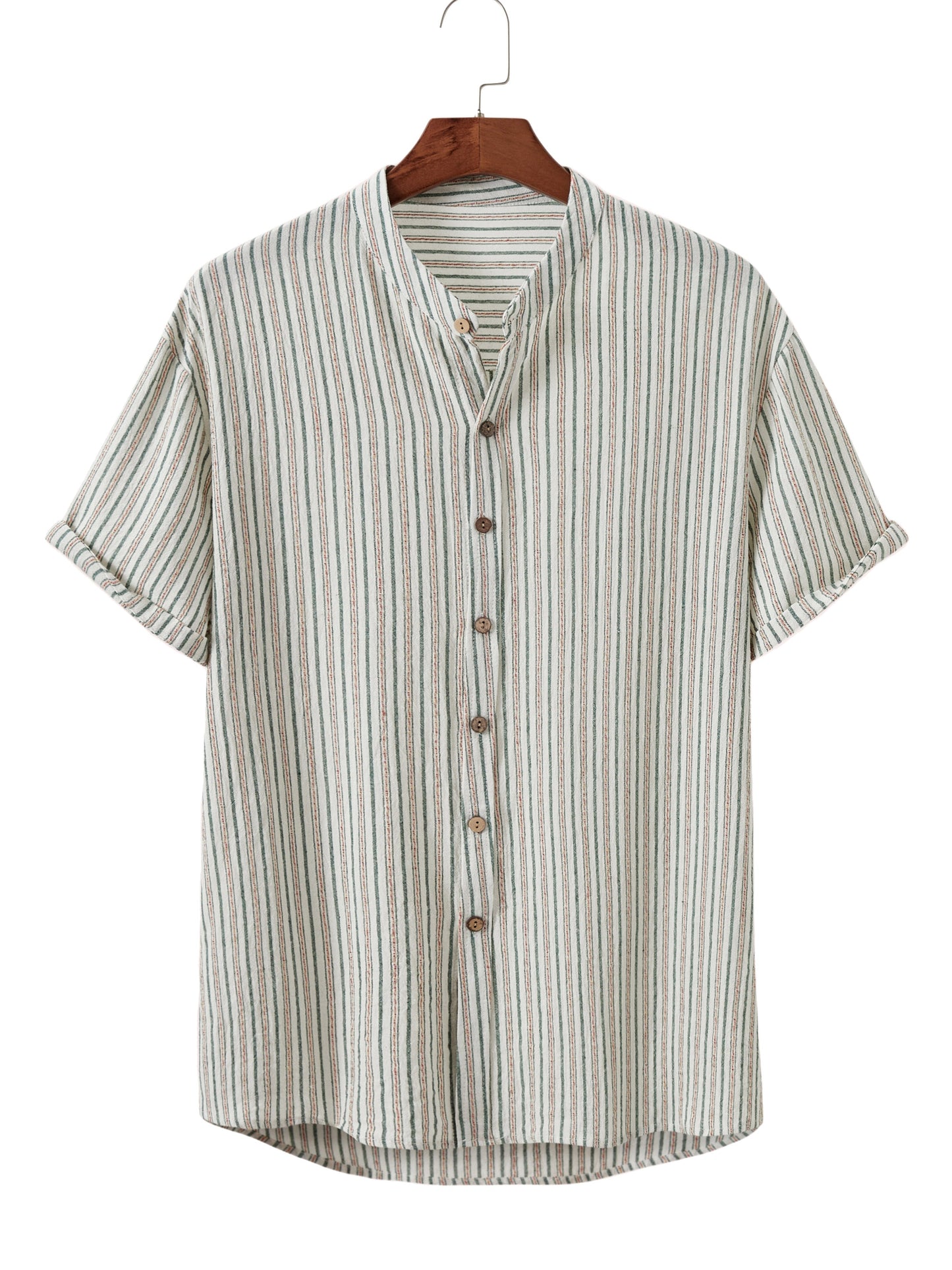 Chemise décontractée à manches courtes et col montant pour homme, à rayures, imprimée, boutonnée, pour les vacances d'été, style hawaïen