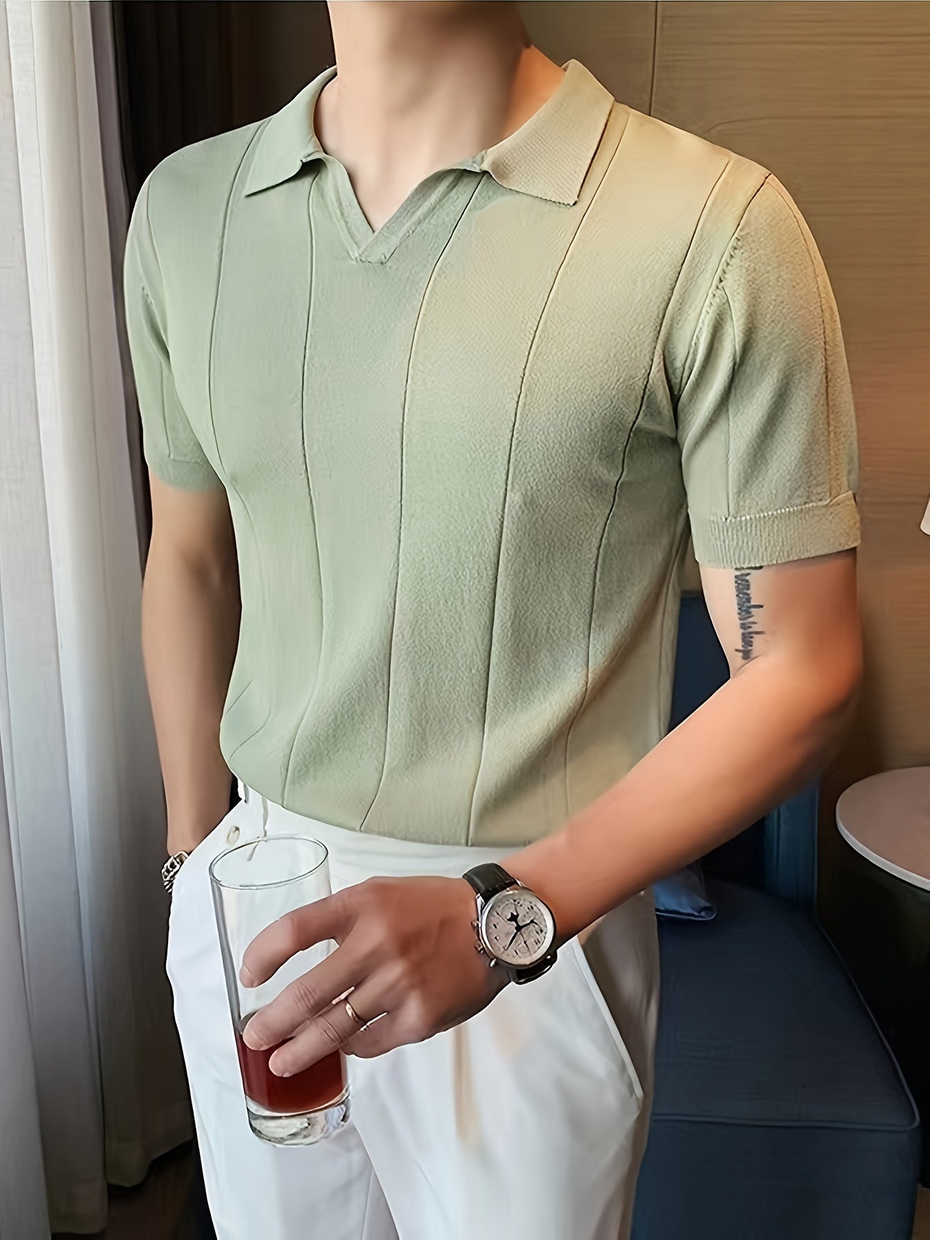Men's Casual Knitted Short Sleeve Lapel Shirt Sweater, Chic Pullover Tops