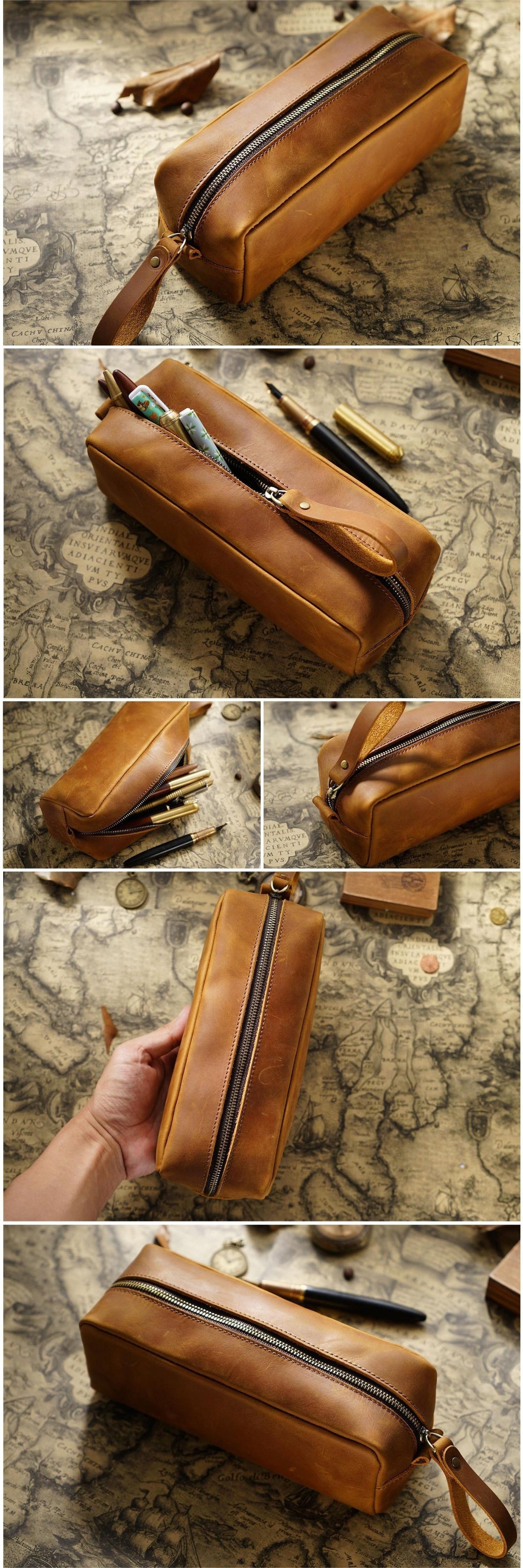 Sac à main à fermeture éclair de style vintage, sac à main en cuir véritable pour homme, trousse à crayons de grande capacité avec couche supérieure en cuir de vache, cadeaux idéaux pour l'anniversaire des pères et des mères