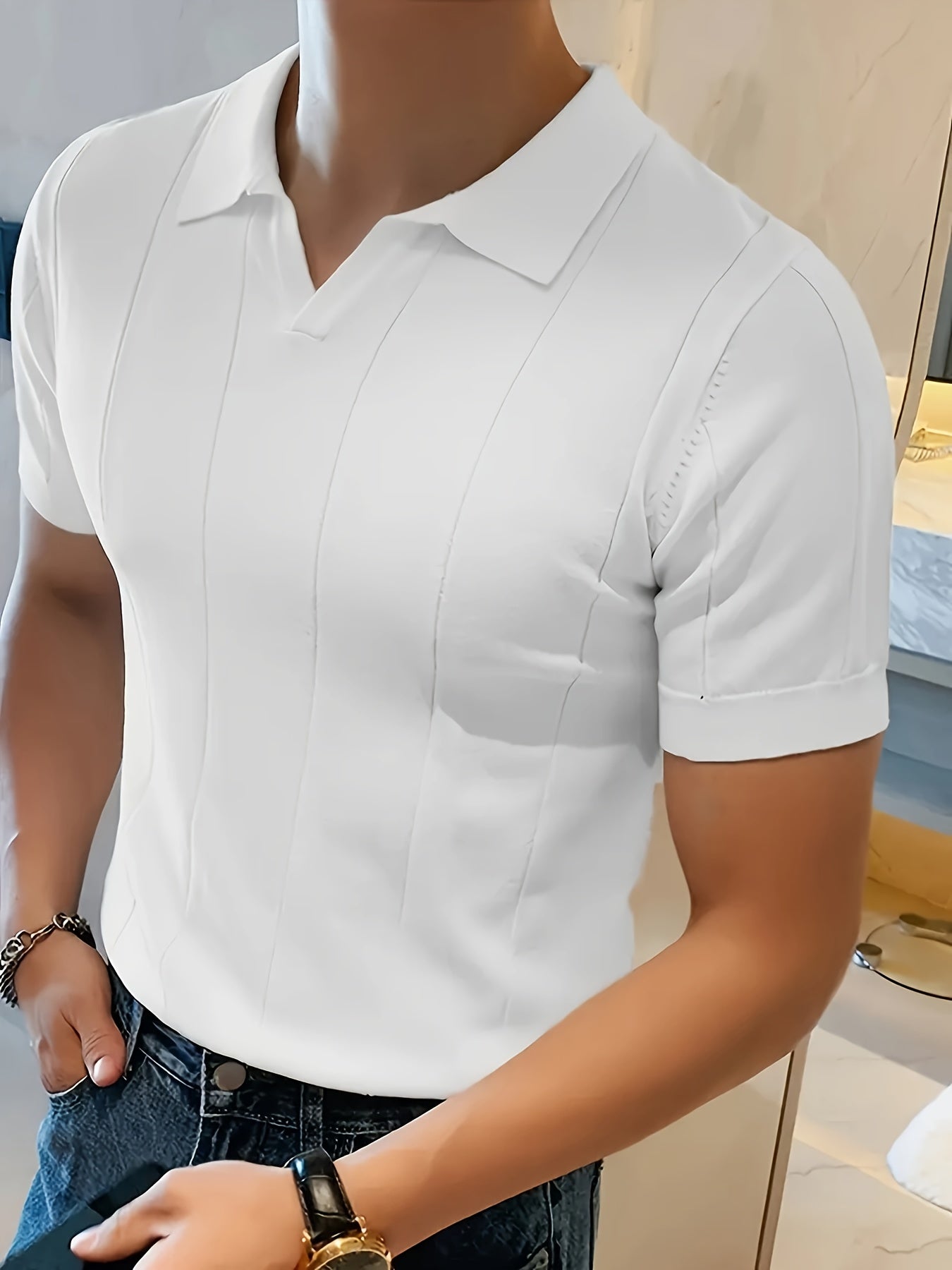 Men's Casual Knitted Short Sleeve Lapel Shirt Sweater, Chic Pullover Tops
