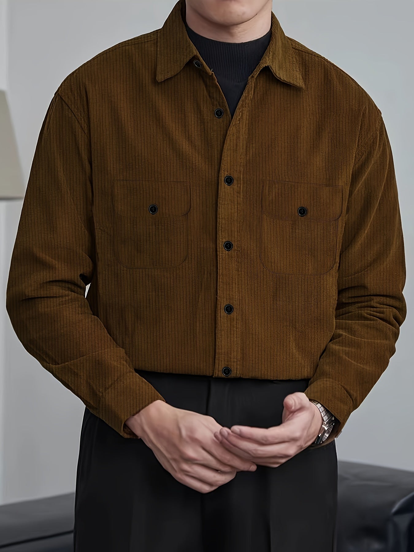 Men's Solid Corduroy Dress Shirt, Long Sleeve Lapel Collar Shirt With Flap Chest Pockets, Male's Spring And Fall Fashion