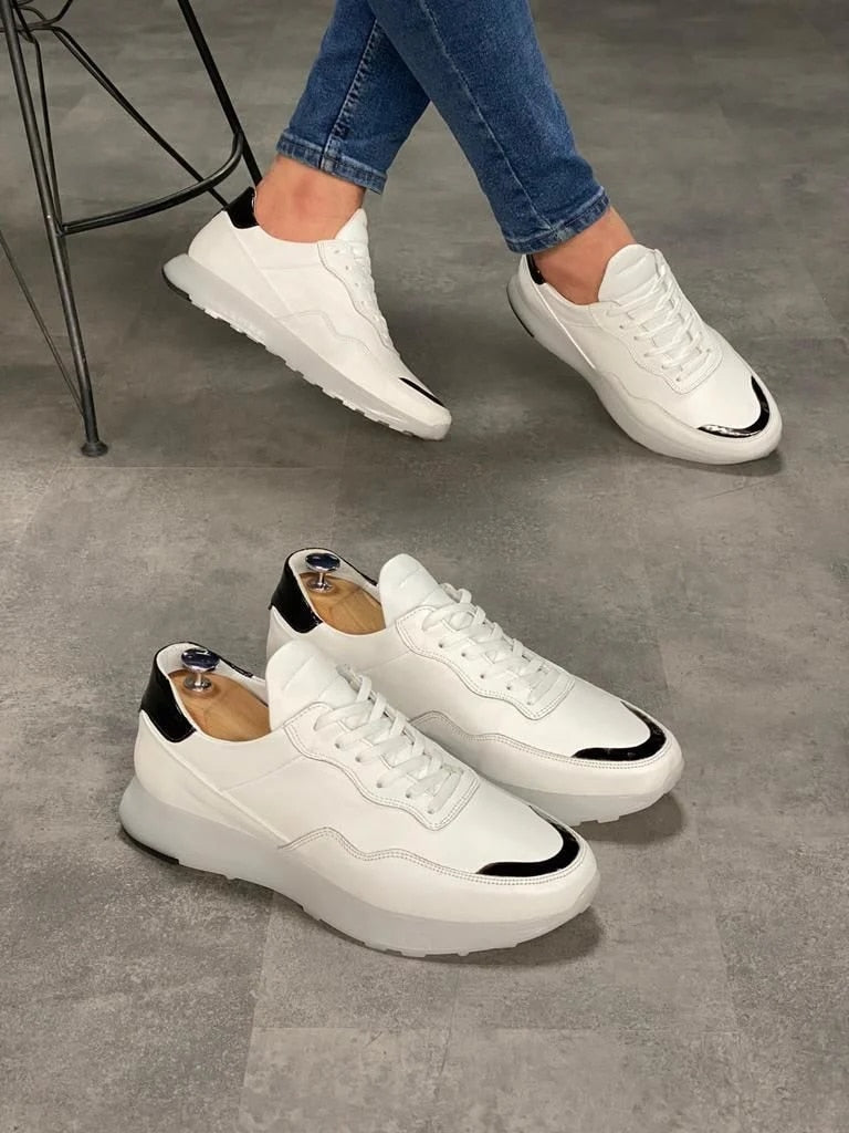 Zapatillas de deporte de cuero genuino para hombre. Armonía única en blanco y negro con cuero.